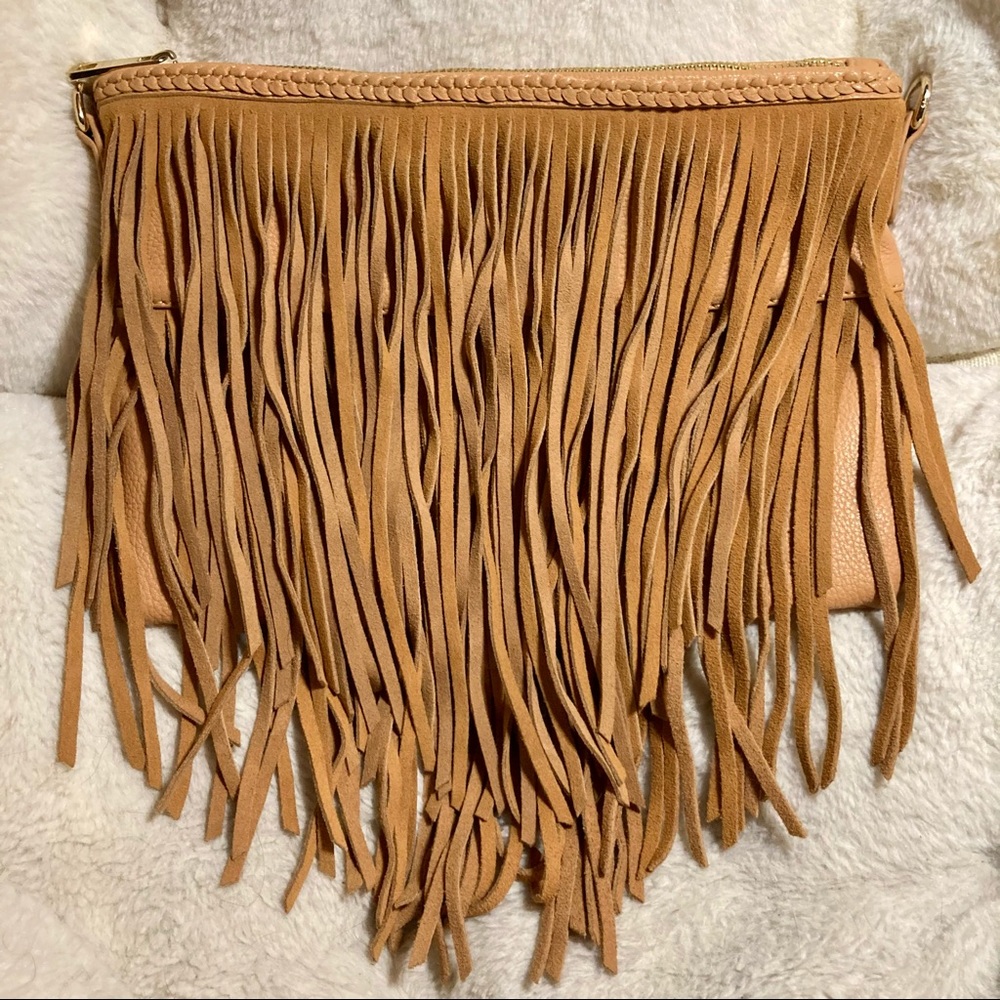 NWOT cognac fringe clutch w/ removable chain strap